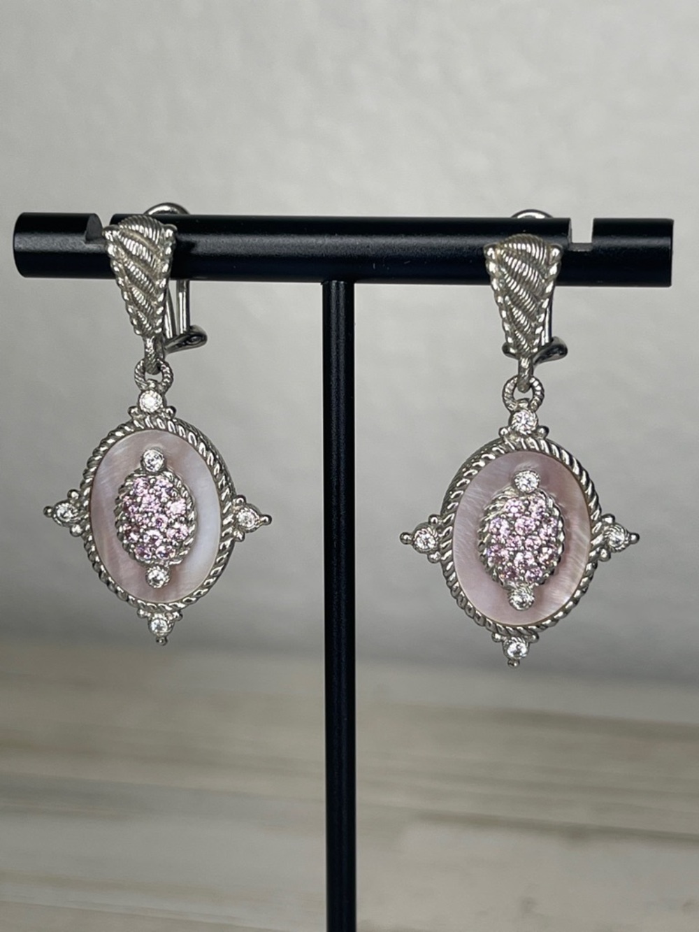 Judith Ripka Sterling Silver Pink Mother of Pearl CZ Drop Earrings